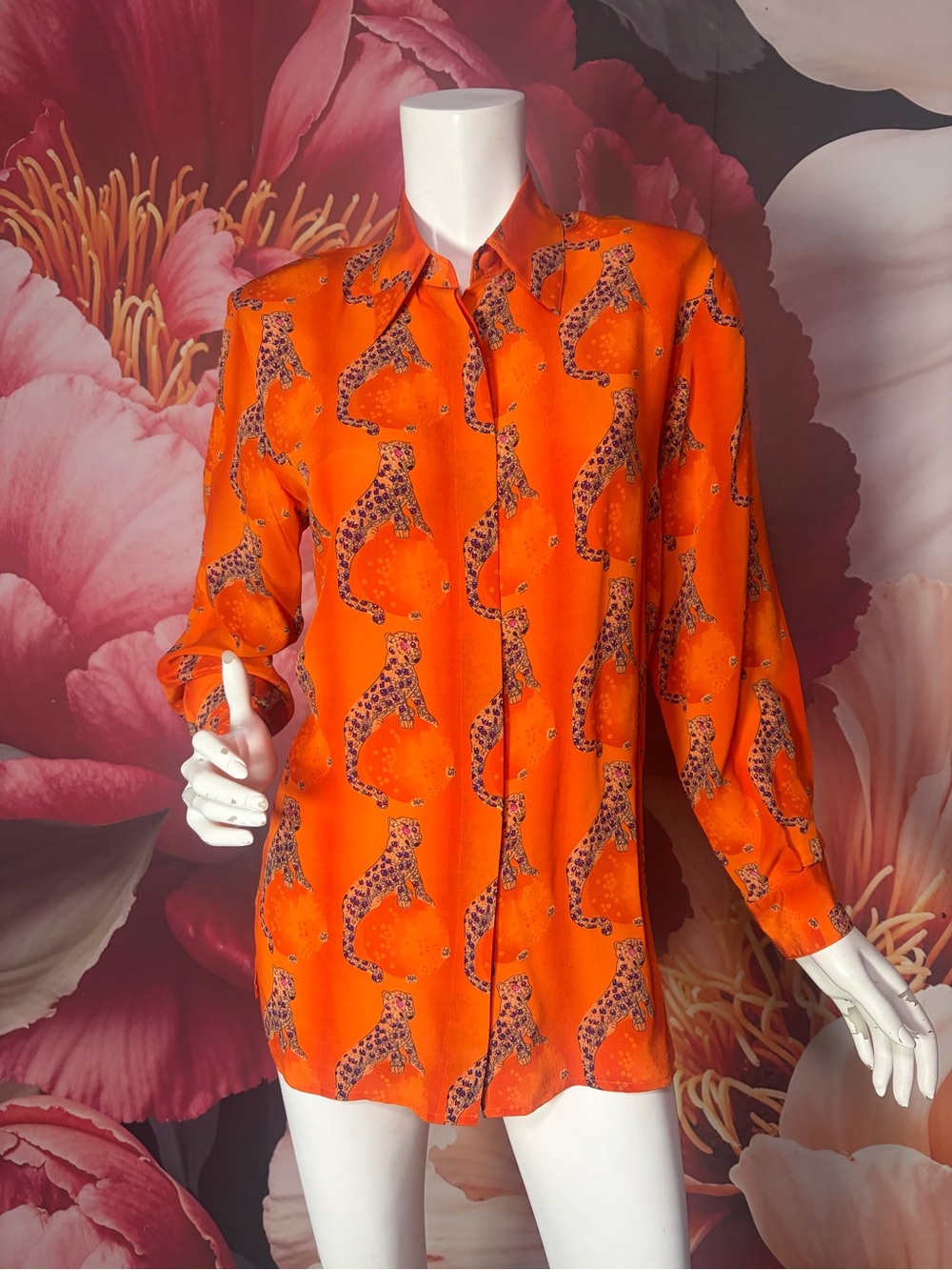 PIANO 100% Silk Blouse Orange Leopard Cheetah Print Long Sleeve M